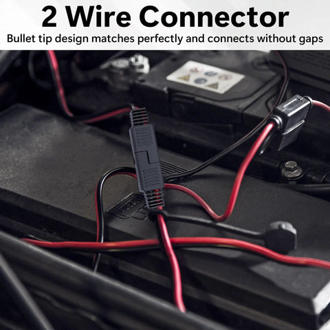 Heavy Duty 12 Awg Quick Disconnect Power Wire Harness Bulletproof Polarized 2 Pin Pure Copper Plug Built Tight Automotive Electrical Heavy Gauge Terminal Set with connectors on a battery.