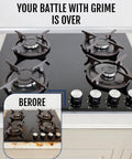 Clean stove top comparison before and after using Electric Spin Scrubber With 8 Replaceable Brush Heads Extension Handle 2 Speed Power Cleaning Tool
