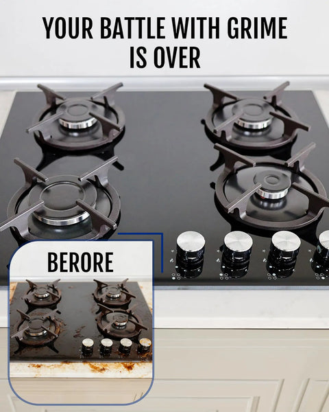 Clean stove top comparison before and after using Electric Spin Scrubber With 8 Replaceable Brush Heads Extension Handle 2 Speed Power Cleaning Tool