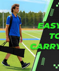 Person carrying a bag on a soccer field, highlighting the easy portability of the Backyard Soccer Goal 12 By 6 With Steel Frame Portable Training Net For Kids And Adults Waterproof Ground Stakes Carry Bag Easy Setup For Shooting Practice And Family Fun.