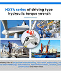 MXTA Hydraulic Torque Wrench with rotating hose connector, shown in industrial applications, perfect for tough jobs.