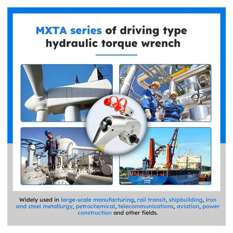 MXTA Hydraulic Torque Wrench with rotating hose connector, shown in industrial applications, perfect for tough jobs.