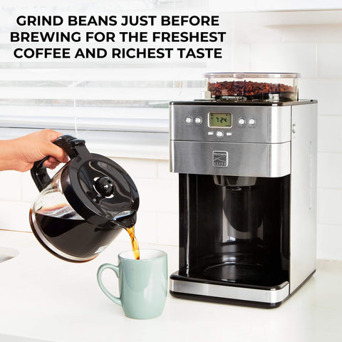 Grind And Brew Coffee Maker With Burr Grinder For Consistent Flavor, stainless steel, pouring coffee into a mug.