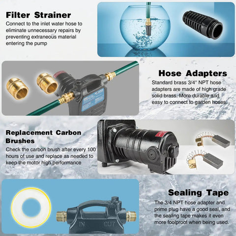 Cast Iron Portable Electric Water Transfer Pump with strainer, hose adapters, carbon brushes, and sealing tape