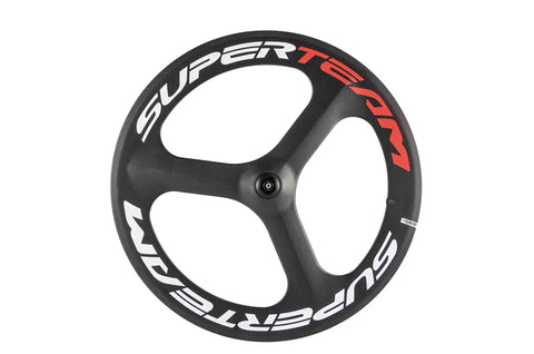 Front view of the Beefy 70mm Full Carbon 3 Spoke Clincher Wheelset For 700C Road Bike T700c 23mm Rim Width Matte 3K Finish EN Certified