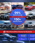 Grid showing vehicles from Toyota, VW, Honda, BMW, Benz, Ford, GM, and Chevrolet with text "99% Vehicle Coverage" for MX808S Bidirectional OBD2 Diagnostic Scanner With 3000 Plus Active Tests And 28 Plus Service Functions Full Systems Coverage For Cars FCA Ready 10X Faster Diagnostics 2026 US Version MaxiCom MK808S MK808Z Compatible.
