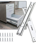 Two 12 Inch Soft Close Full Extension Drawer Slides Heavy Duty Ball Bearing Rails With 100 Pound Load Capacity For Dresser Or File Cabinet Quiet Smooth Operation Easy Install shown with installed drawer and screws
