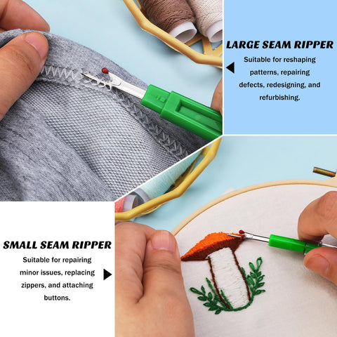 Seam Ripper Kit With 2 Large And 2 Small Stitch Removers in use, showcasing seam and embroidery work close-up.