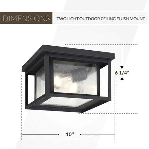 Dimensions of two light outdoor ceiling fixture in black cast aluminum, 30W, Hunnington style, for porch, deck, or entryway.