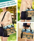Woman holding Desert Landscape Insulated Cooler Bag For Women, Portable Leakproof Lunch Tote with Detachable Straps, ideal for travel