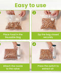 Four steps using Portable Handheld Vacuum Sealer For Food With 32 Reusable Bags to seal almonds in a clear bag, ensuring freshness.
