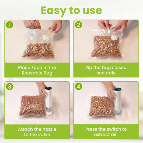 Four steps using Portable Handheld Vacuum Sealer For Food With 32 Reusable Bags to seal almonds in a clear bag, ensuring freshness.