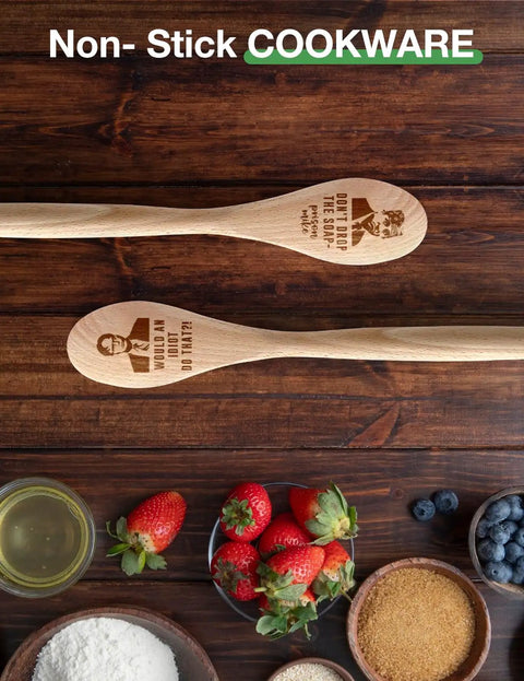 2 Piece Funny Wooden Spoons For Cooking The Office TV Show Gift on kitchen table with ingredients