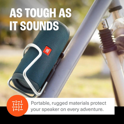 Flip 5 Dope Waterproof Portable Bluetooth Speaker With 12 Hours Of Playtime, IPX7 Waterproof, attached to bicycle frame