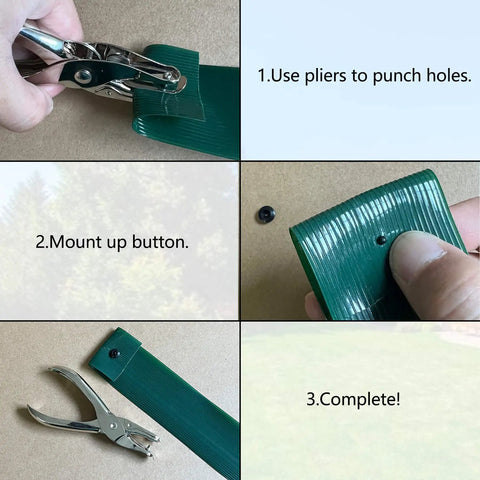 Punch tool and button for Chain Link Fence Privacy Slats Tape Roll 250 Ft By 0.15 Ft Includes 200 Fasteners And Punch Tool UV Inhibited Green Polyethylene