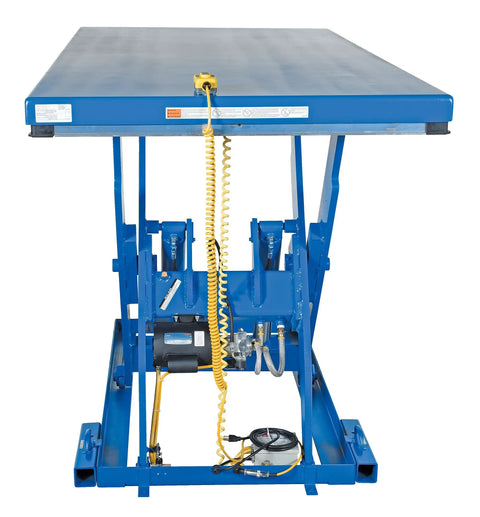 Heavy Duty Electric Hydraulic Lift Table With Four Sided Toe Guards 48 By 96 Inch Steel Deck 4000 Lb Capacity smooth operator blue angle view