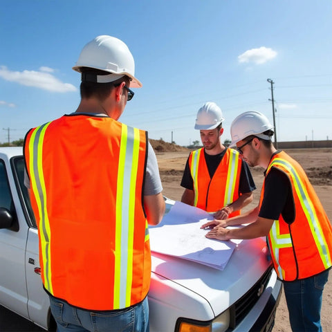 Workers wearing High Visibility Reflective Jobsite Ready Safety Vest With Multi Function Pockets on construction site with truck