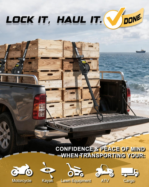 Pickup truck with crates secured by heavy duty self retracting ratchet straps 10 feet 1500 lb break strength 2 pack