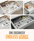 Clear Drawer Organizer Set 25 Piece Plastic Storage Bins For Desk Kitchen Bathroom And Vanity Modular Stackable Trays Non Slip Organizer For Makeup Utensils Office Supplies shown organized in various drawers.