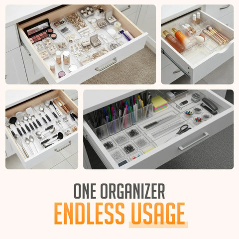 Clear Drawer Organizer Set 25 Piece Plastic Storage Bins For Desk Kitchen Bathroom And Vanity Modular Stackable Trays Non Slip Organizer For Makeup Utensils Office Supplies shown organized in various drawers.