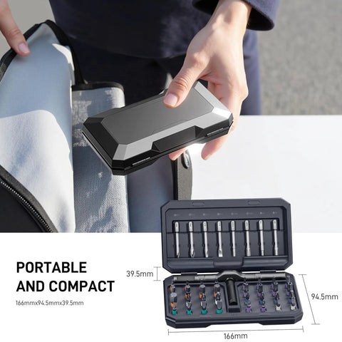 42 In 1 Magnetic Screwdriver Set With Ratcheting Handle And 40 Plus Bits In A Portable Storage Case displayed in hand