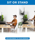 Person using Standing Desk Converter With Dual Monitor Mount And Large Keyboard Tray, Sit Stand Riser in seated and standing positions