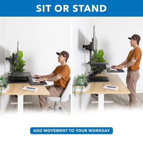 Person using Standing Desk Converter With Dual Monitor Mount And Large Keyboard Tray, Sit Stand Riser in seated and standing positions
