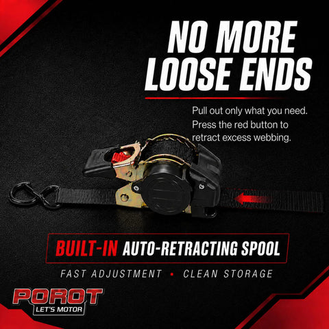 Slick Automatic Rewind Ratchet Straps 4 Pack 1 Inch By 10 Ft with built-in auto-retracting spool for clean storage.