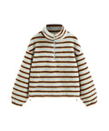 Cozy Fleece Stripe Stand Collar Drawstring Half Zip Oversized Sweatshirt Sky Blue Medium front view with stripe pattern