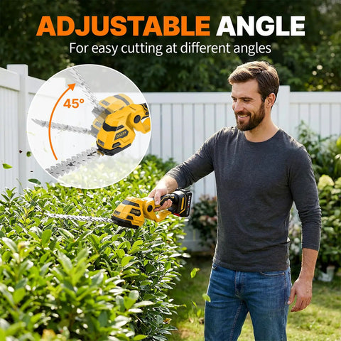Man using Powerful Cordless Two In One Hedge Trimmer And Grass Shears With Dual Batteries Eight Point Nine Inch Blade