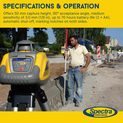 Straight Up Heavy Duty Laser Level Receiver With Dual Sided Led Display For Red Green Or Infrared Rotating Lasers in construction site.