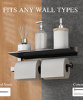 Black Wall Mount Towel Holder with Shelf displaying items on different wall types, dual paper towel and toilet paper holders visible