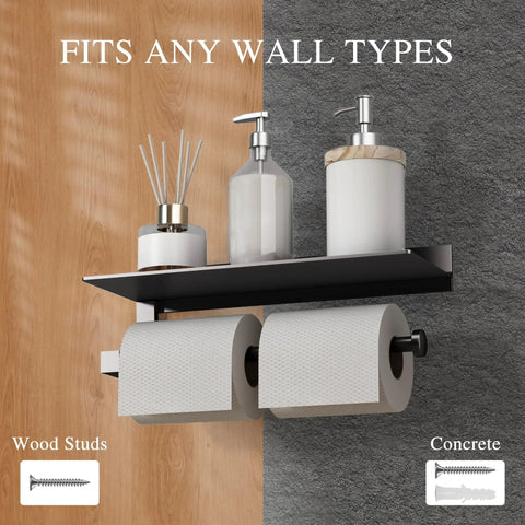 Black Wall Mount Towel Holder with Shelf displaying items on different wall types, dual paper towel and toilet paper holders visible