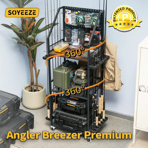 Rolling Garage Fishing Rod Organizer Cart With Pegboard And Lockable Wheels 3 Tier Pole Rack Displayed in a Garage