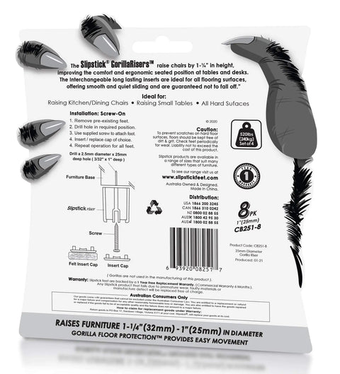 Back of packaging for 8 Pack Screw On Furniture Risers, showing instructions and details on plastic and felt glides for chairs and tables.