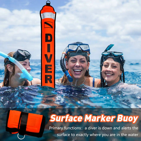 3 scuba divers smiling near 5Ft Surface Marker Buoy Set With Open Bottom DSMB, High Visibility Orange SMB in water