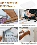 Various applications of HDPE sheets, including as covering, furniture, insulation, and waterproof materials, illustrated in images.