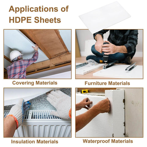 Various applications of HDPE sheets, including as covering, furniture, insulation, and waterproof materials, illustrated in images.