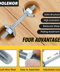 Heavy Duty Countertop Joint Connectors And Butcher Block Draw Bolts For Rock Solid Furniture Assembly No Sweat Installation Woodworker Hardware Kit Silver And Ten Pieces set installed in wood surface with clear features.