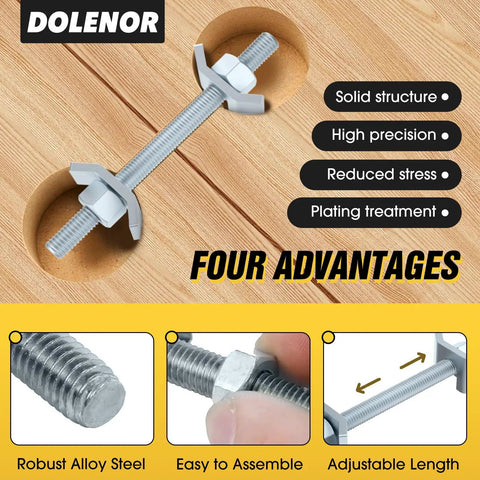 Heavy Duty Countertop Joint Connectors And Butcher Block Draw Bolts For Rock Solid Furniture Assembly No Sweat Installation Woodworker Hardware Kit Silver And Ten Pieces set installed in wood surface with clear features.