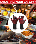 Heat-resistant gloves handling pizza, BBQ, logs, and baked dishes, featuring red dotted design for safety in a kitchen and outdoor setting