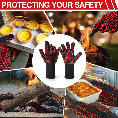 Heat-resistant gloves handling pizza, BBQ, logs, and baked dishes, featuring red dotted design for safety in a kitchen and outdoor setting