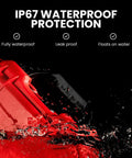Red waterproof first aid box partially submerged in water with IP67 protection label.