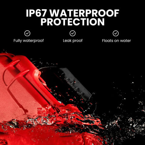 Red waterproof first aid box partially submerged in water with IP67 protection label.