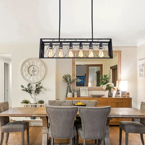 Rectangular Industrial Chandelier For Dining Room With Six E26 Lights, Black Metal Frame And Grille in modern dining room