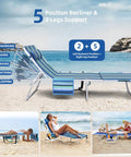 3-In-1 Beach Chair With Face Holes And Folding Side Table Outdoor Lounger With 5-Position Recliner Lay Flat Mode Striped Blue on beach