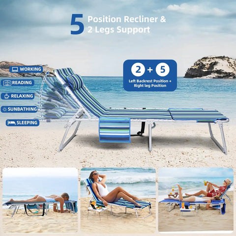 3-In-1 Beach Chair With Face Holes And Folding Side Table Outdoor Lounger With 5-Position Recliner Lay Flat Mode Striped Blue on beach