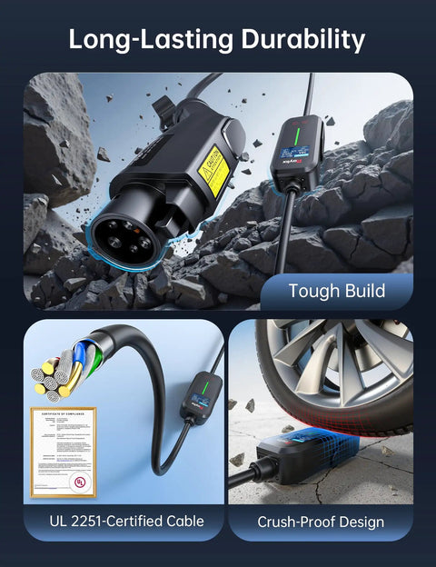 No Sweat Setup Level 1 And 2 EV Charger With Holder, 110V To 240V J1772 Portable Electric Vehicle Charger close-up on durable design.