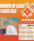Bulk T Shirt Rags 5 Lb Box White Cotton Wiping Cloths For Paint, Stain, Grease Cleanup with size chart in background