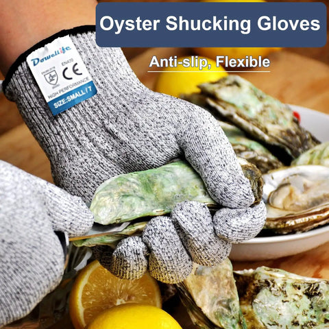 Food Grade Cut Resistant Gloves Level 5 Safety for oyster shucking, showing HDPE material, size small with high dexterity.